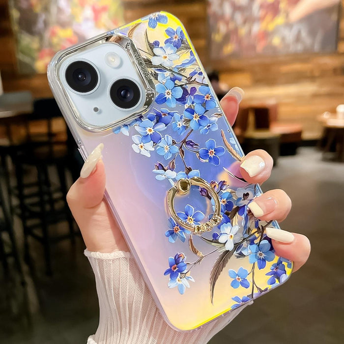 For Iphone 15 Electroplating Laser Flower Ring Holder Tpu Phone Case