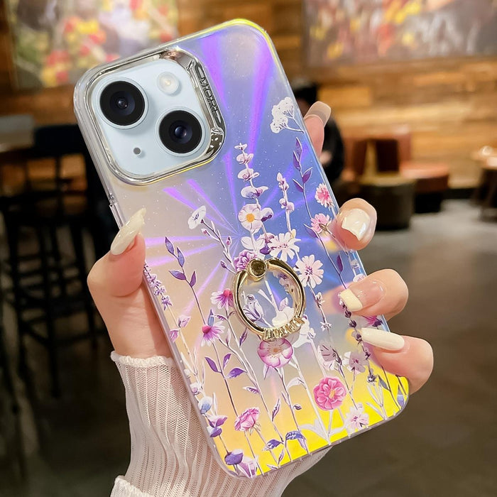 For Iphone 15 Electroplating Laser Flower Ring Holder Tpu Phone Case