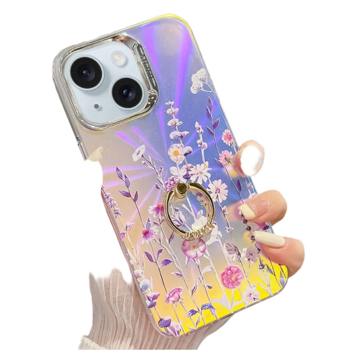 For Iphone 15 Electroplating Laser Flower Ring Holder Tpu Phone Case