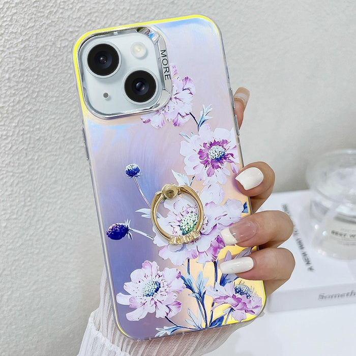For Iphone 15 Electroplating Laser Flower Ring Holder Tpu Phone Case