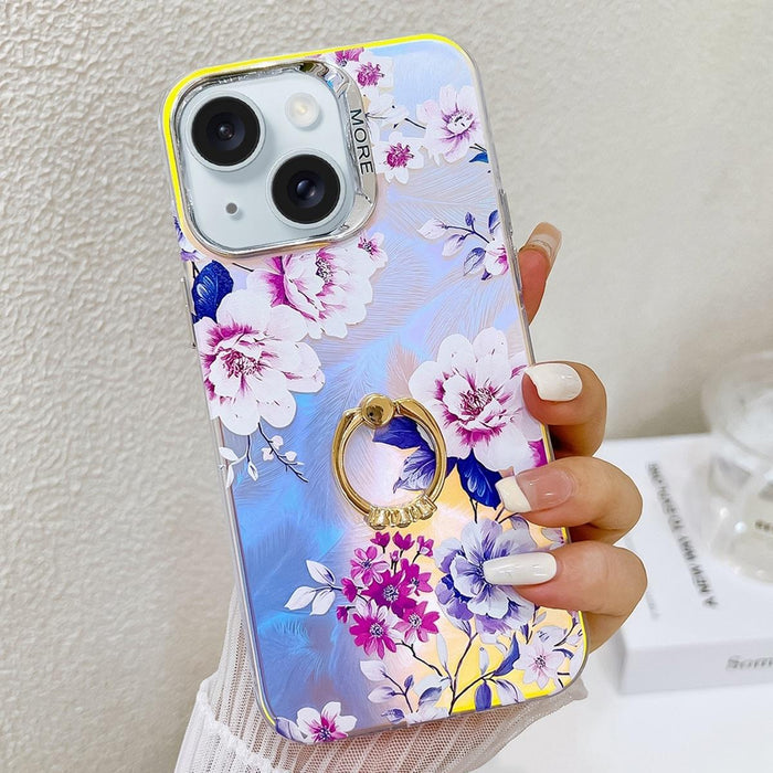 For Iphone 15 Electroplating Laser Flower Ring Holder Tpu Phone Case