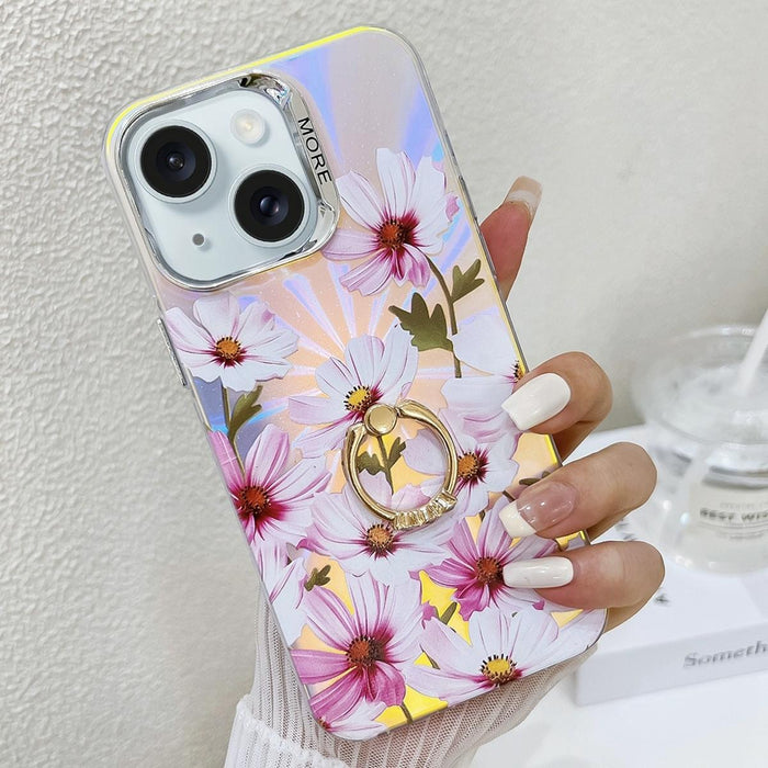 For Iphone 15 Electroplating Laser Flower Ring Holder Tpu Phone Case