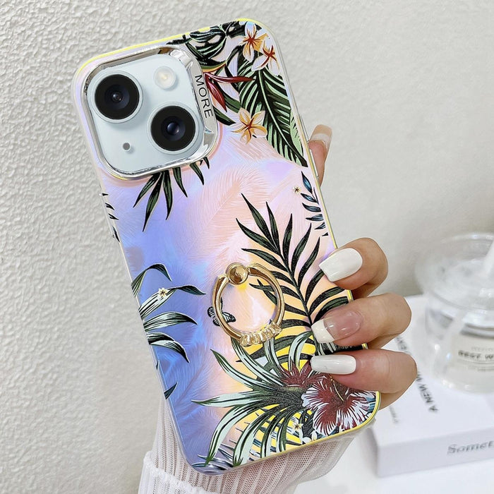 For Iphone 15 Electroplating Laser Flower Ring Holder Tpu Phone Case