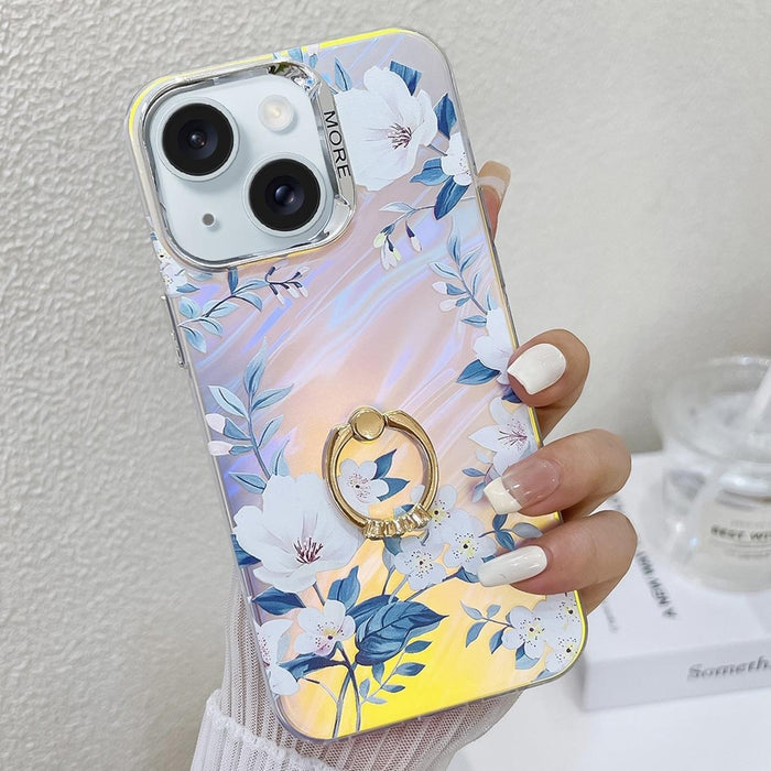 For Iphone 15 Electroplating Laser Flower Ring Holder Tpu Phone Case