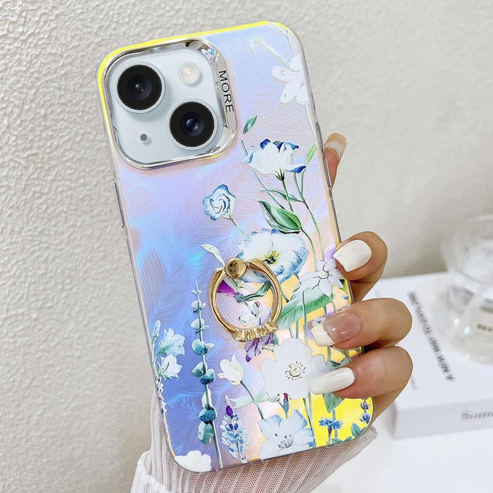 For Iphone 15 Electroplating Laser Flower Ring Holder Tpu Phone Case