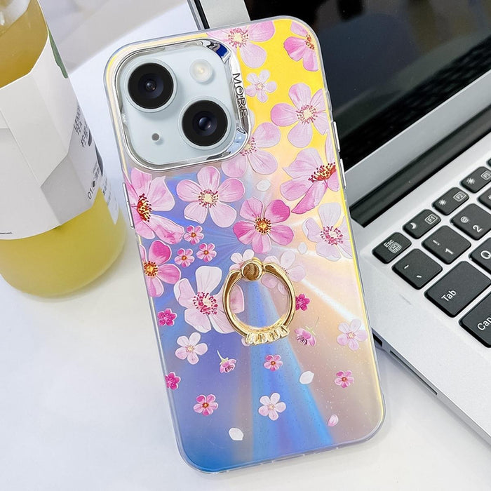 For Iphone 15 Electroplating Laser Flower Ring Holder Tpu Phone Case