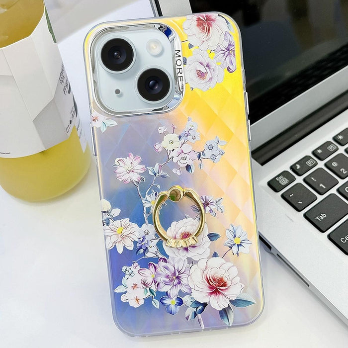 For Iphone 15 Electroplating Laser Flower Ring Holder Tpu Phone Case