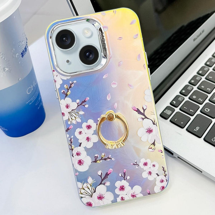 For Iphone 15 Electroplating Laser Flower Ring Holder Tpu Phone Case