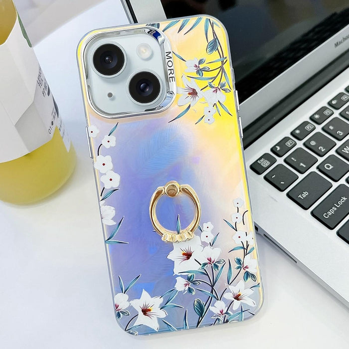 For Iphone 15 Electroplating Laser Flower Ring Holder Tpu Phone Case