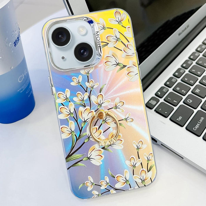 For Iphone 15 Electroplating Laser Flower Ring Holder Tpu Phone Case