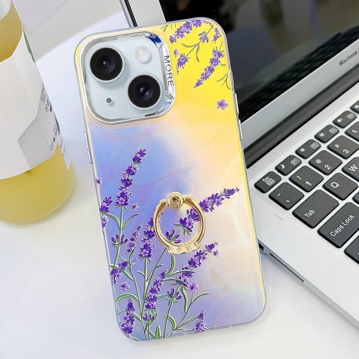 For Iphone 15 Electroplating Laser Flower Ring Holder Tpu Phone Case