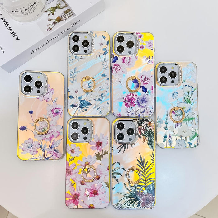 For Iphone 15 Electroplating Laser Flower Ring Holder Tpu Phone Case