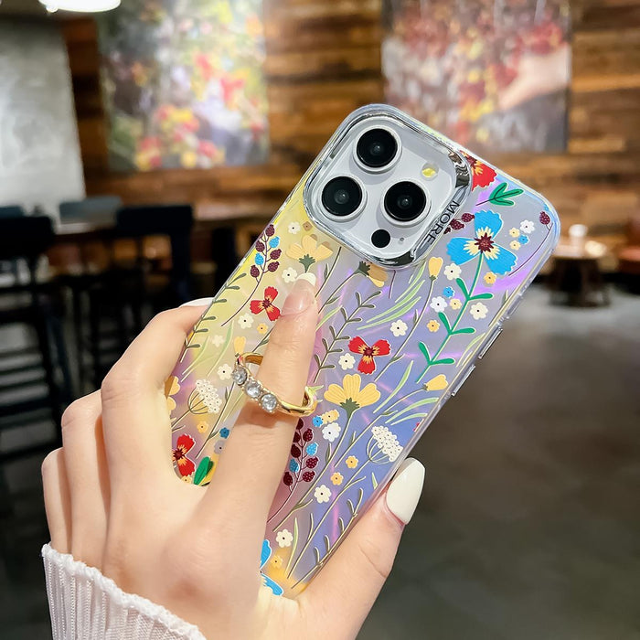 For Iphone 15 Electroplating Laser Flower Ring Holder Tpu Phone Case