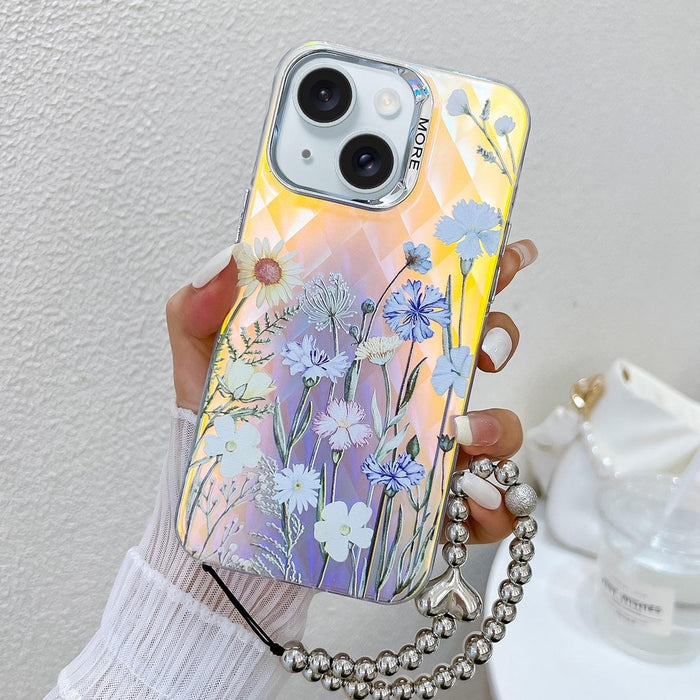 For Iphone 15 Electroplating Laser Flower Phone Case With Wrist Strap