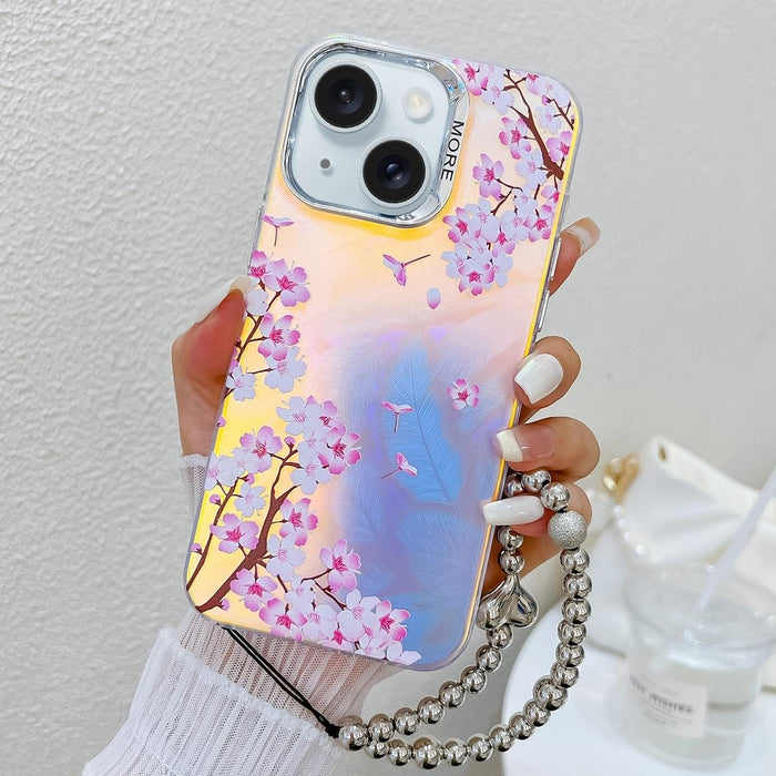 For Iphone 15 Electroplating Laser Flower Phone Case With Wrist Strap