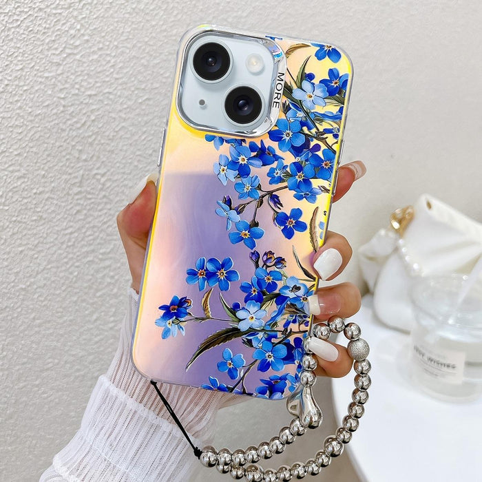 For Iphone 15 Electroplating Laser Flower Phone Case With Wrist Strap