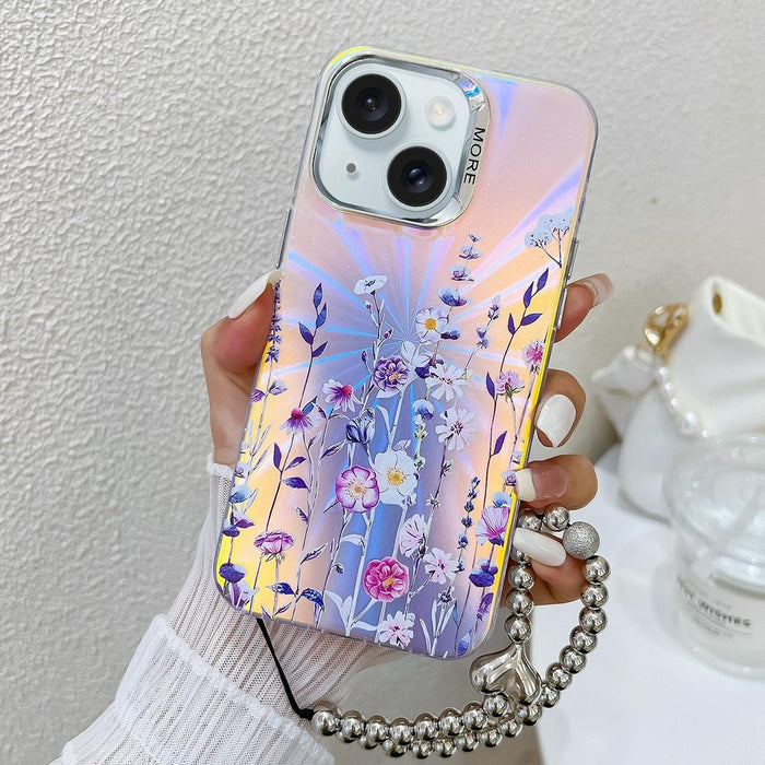 For Iphone 15 Electroplating Laser Flower Phone Case With Wrist Strap