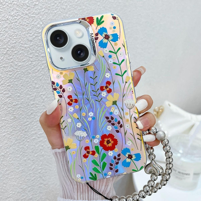 For Iphone 15 Electroplating Laser Flower Phone Case With Wrist Strap