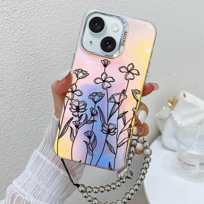 For Iphone 15 Electroplating Laser Flower Phone Case With Wrist Strap