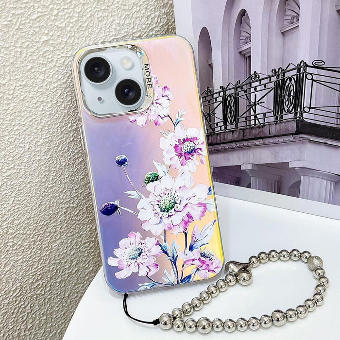 For Iphone 15 Electroplating Laser Flower Phone Case With Wrist Strap