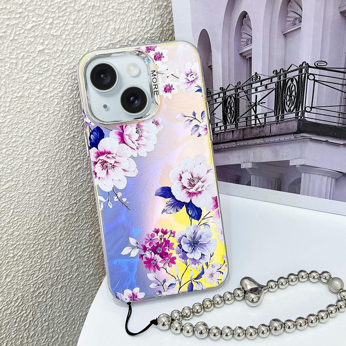 For Iphone 15 Electroplating Laser Flower Phone Case With Wrist Strap