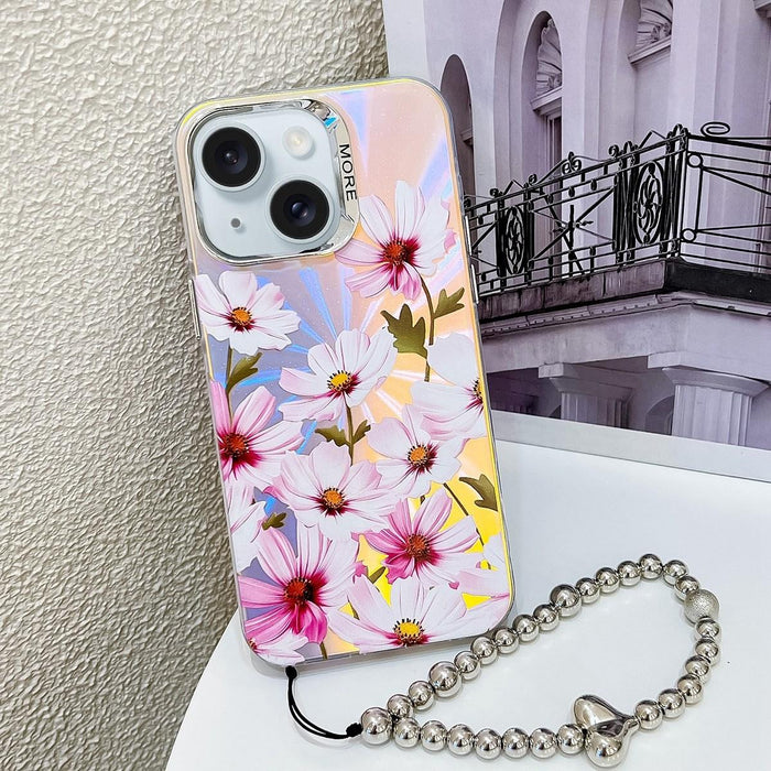 For Iphone 15 Electroplating Laser Flower Phone Case With Wrist Strap