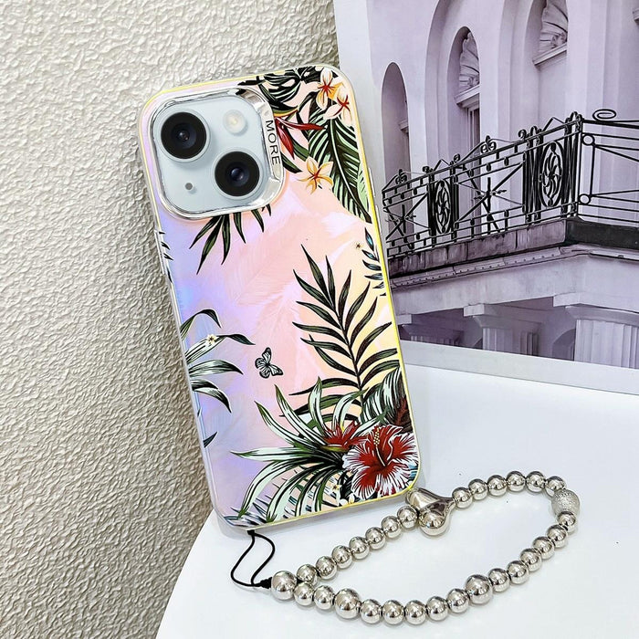 For Iphone 15 Electroplating Laser Flower Phone Case With Wrist Strap