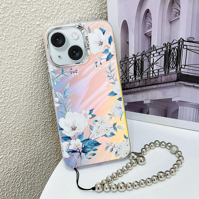 For Iphone 15 Electroplating Laser Flower Phone Case With Wrist Strap