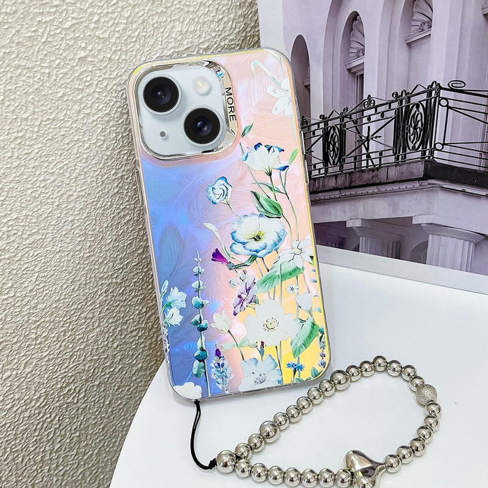 For Iphone 15 Electroplating Laser Flower Phone Case With Wrist Strap