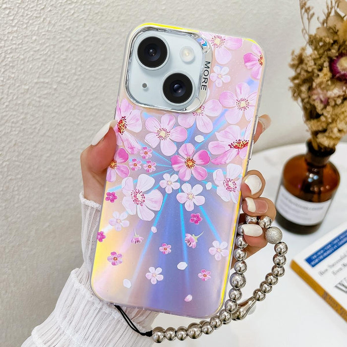 For Iphone 15 Electroplating Laser Flower Phone Case With Wrist Strap