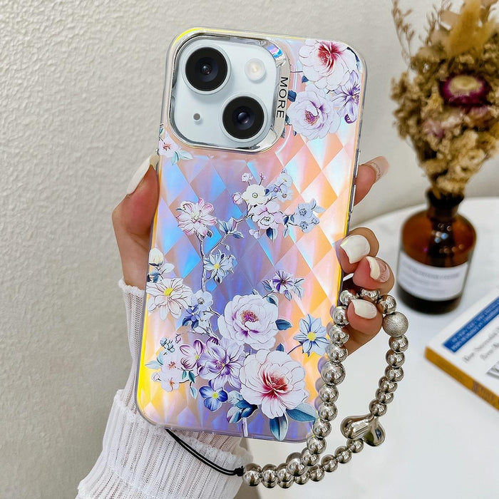 For Iphone 15 Electroplating Laser Flower Phone Case With Wrist Strap