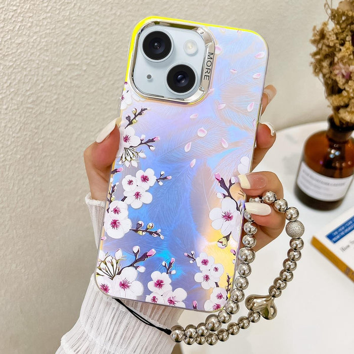 For Iphone 15 Electroplating Laser Flower Phone Case With Wrist Strap