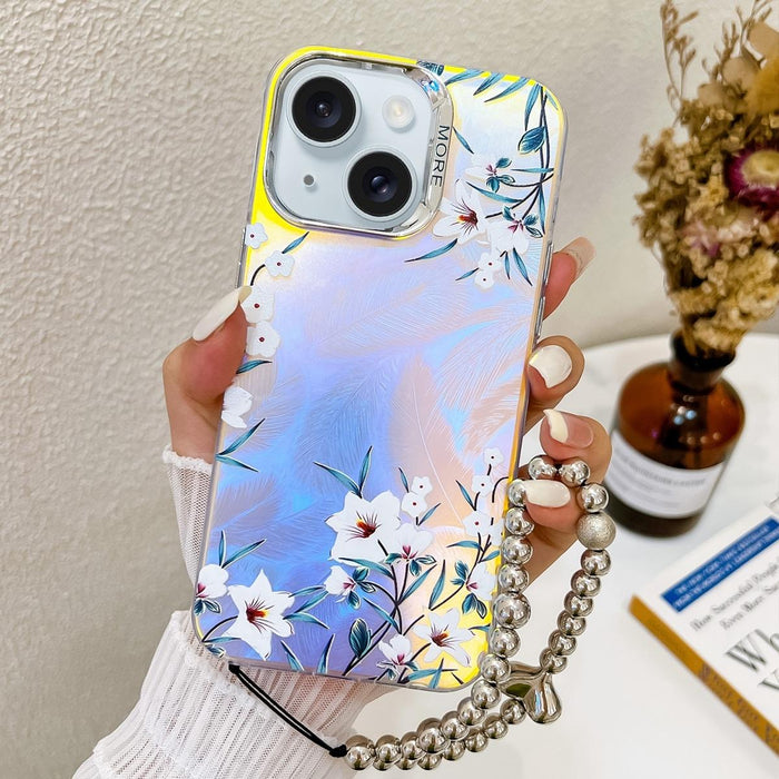 For Iphone 15 Electroplating Laser Flower Phone Case With Wrist Strap