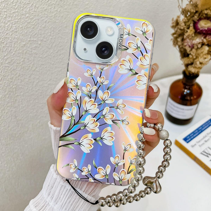 For Iphone 15 Electroplating Laser Flower Phone Case With Wrist Strap