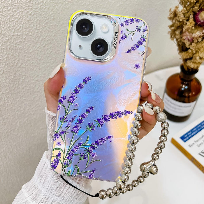 For Iphone 15 Electroplating Laser Flower Phone Case With Wrist Strap