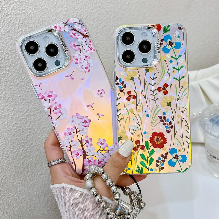 For Iphone 15 Electroplating Laser Flower Phone Case With Wrist Strap