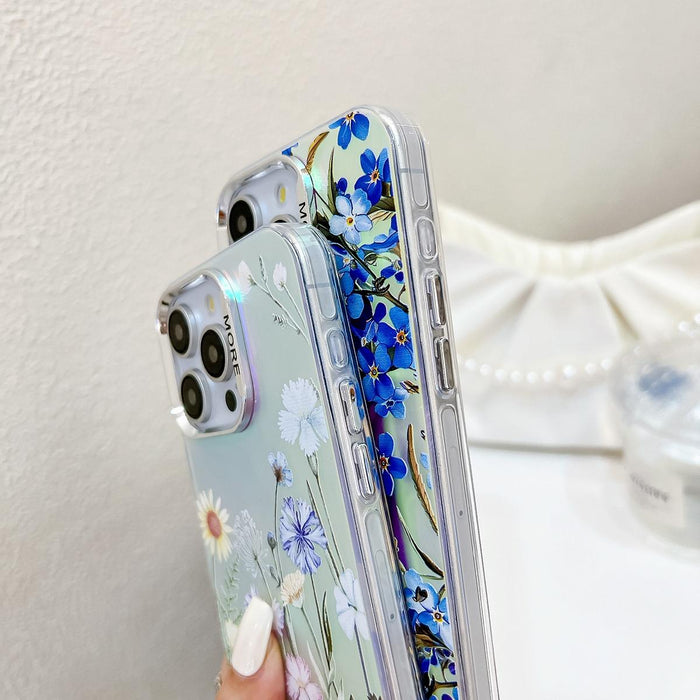 For Iphone 15 Electroplating Laser Flower Phone Case With Wrist Strap