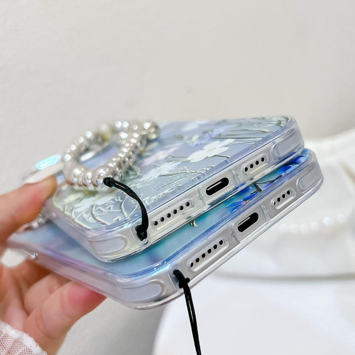 For Iphone 15 Electroplating Laser Flower Phone Case With Wrist Strap