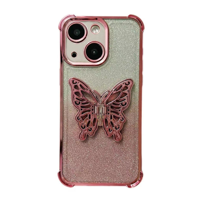 For Iphone 15 Electroplated Glitter 3D Butterfly Four-Corner Shockproof Tpu Phone Case