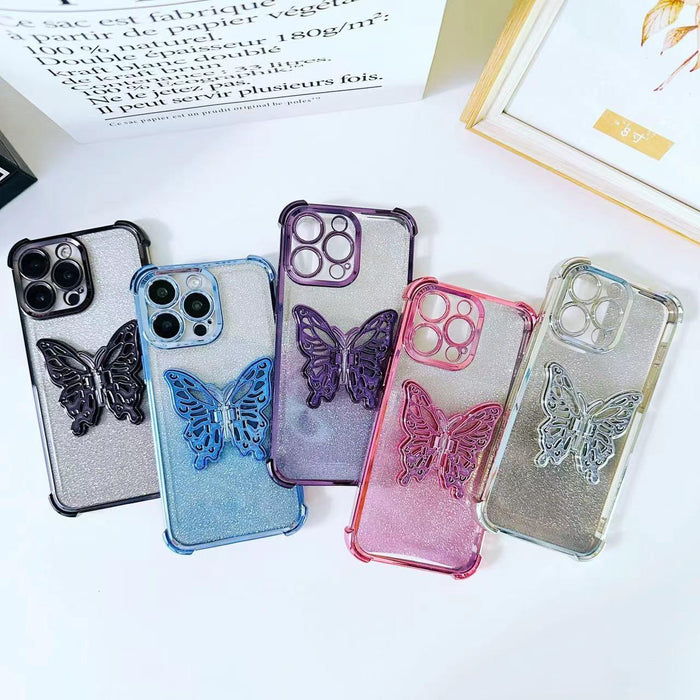 For Iphone 15 Electroplated Glitter 3D Butterfly Four-Corner Shockproof Tpu Phone Case