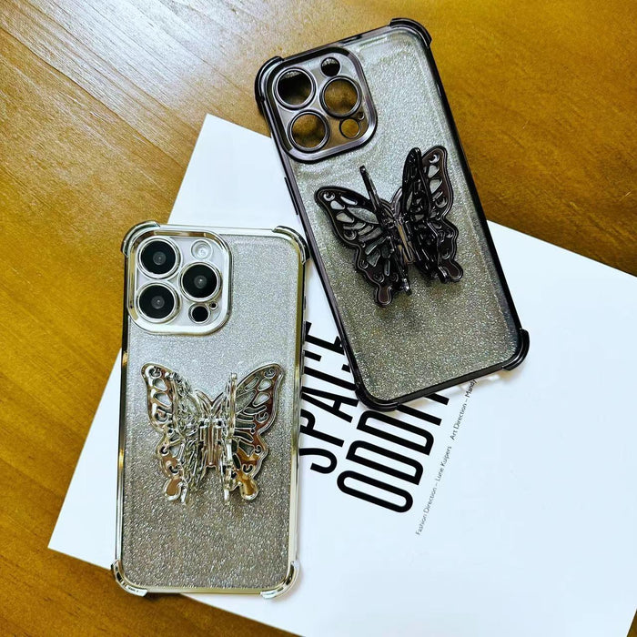 For Iphone 15 Electroplated Glitter 3D Butterfly Four-Corner Shockproof Tpu Phone Case