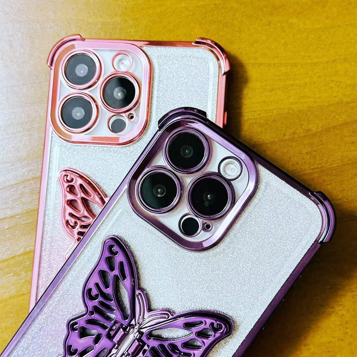 For Iphone 15 Electroplated Glitter 3D Butterfly Four-Corner Shockproof Tpu Phone Case