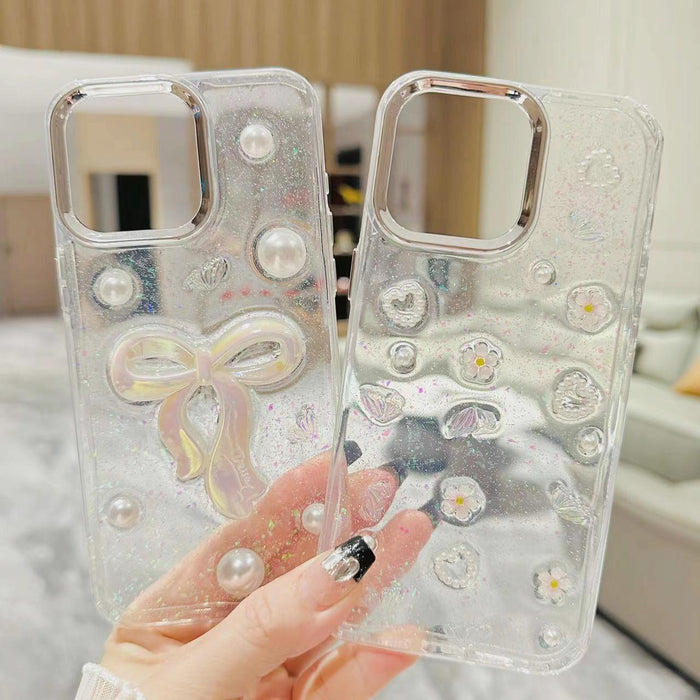 For Iphone 15 3D Bow Pearl Love Flower Tpu Phone Case