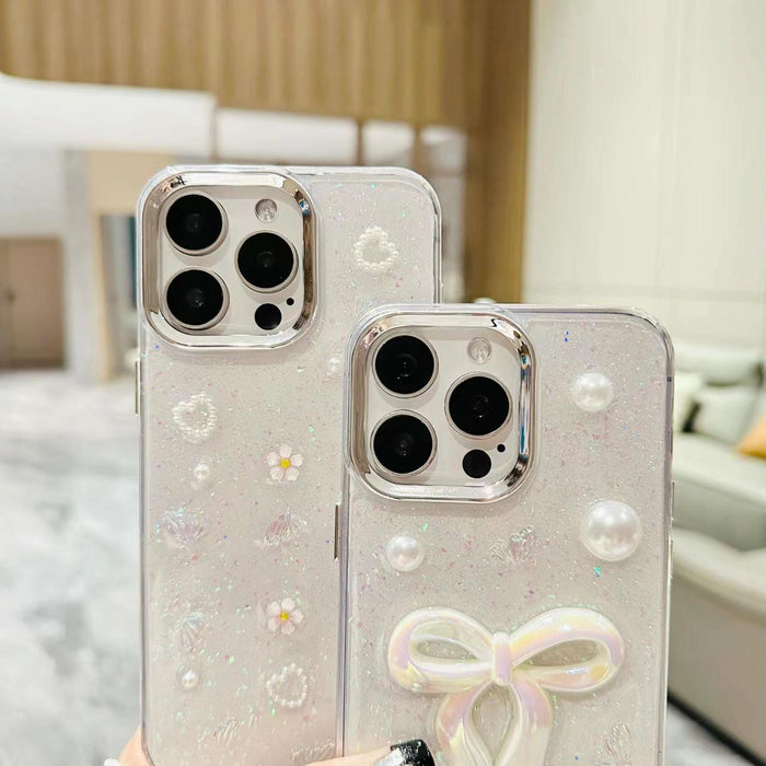 For Iphone 15 3D Bow Pearl Love Flower Tpu Phone Case