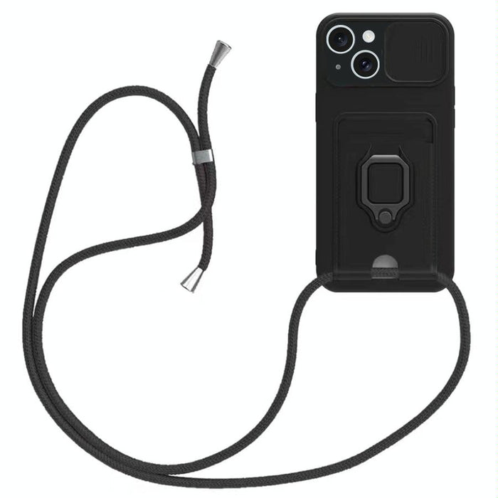 For Iphone 15 Sliding Camshield Magnetic Card Holder Silicone Phone Case With Lanyard Black