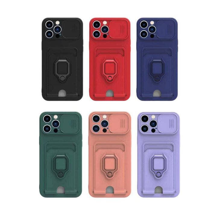 For Iphone 15 Sliding Camshield Magnetic Card Holder Silicone Phone Case With Lanyard Black