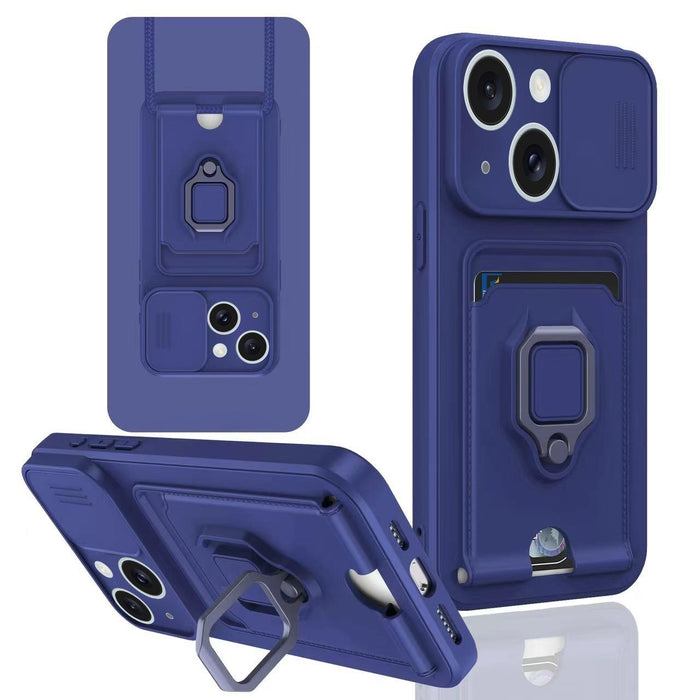 For Iphone 15 Sliding Camshield Magnetic Card Holder Silicone Phone Case Black