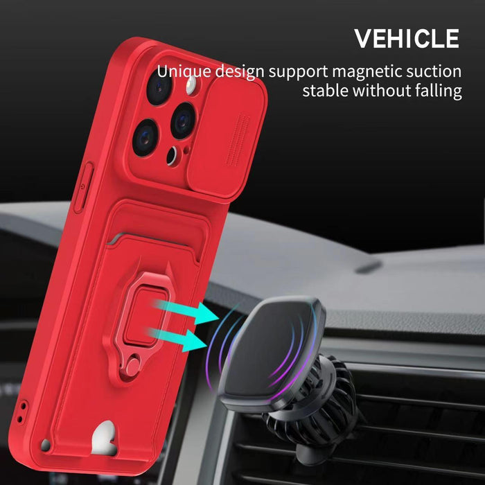 For Iphone 15 Sliding Camshield Magnetic Card Holder Silicone Phone Case Black