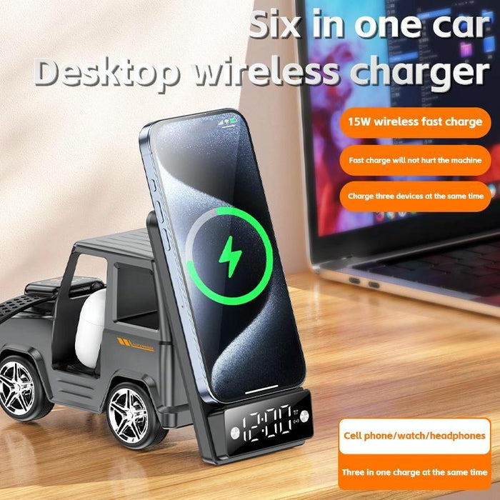 6 In 1 Car Shape Speaker With Clock & Wireless Charger
