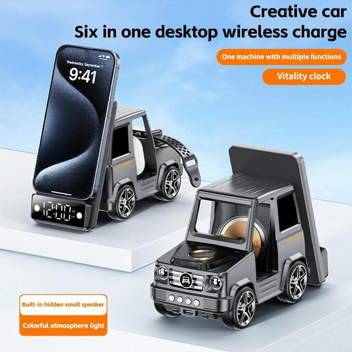 6 In 1 Car Shape Speaker With Clock & Wireless Charger